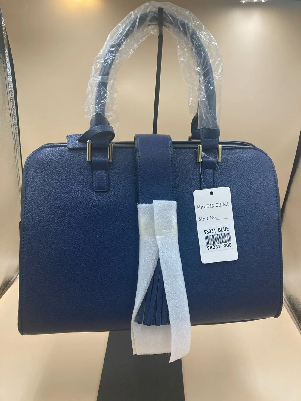 Structured Vegan Navy Satchel with Tassel Accent